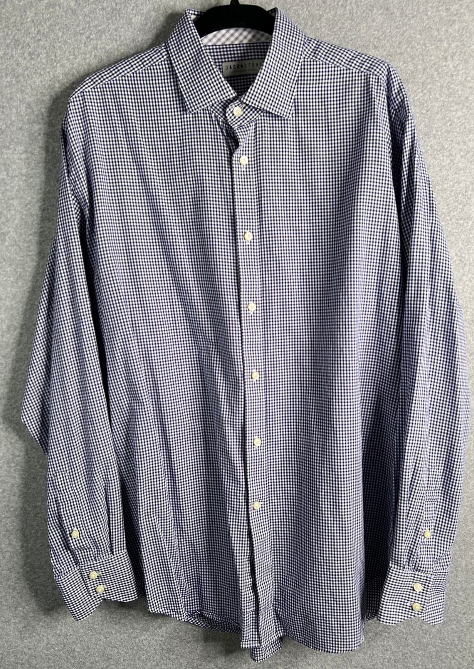 Jack Stone Thomas Dean Mens XL Blue Check Button Up Dress Shirt Long Sleeve